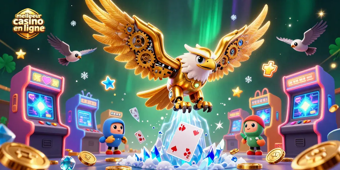 Plonger dans le meilleur casino en ligne avec une aigle cybernétique et des cartes holographiques.