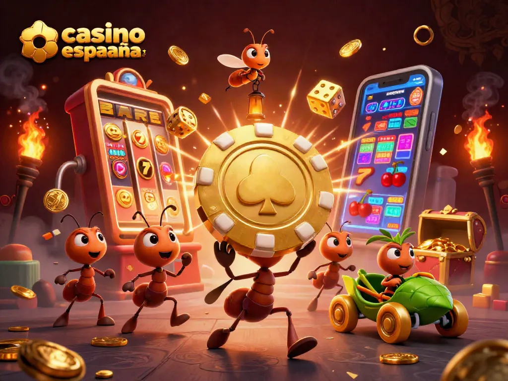 Juega en casino España online mientras un equipo de hormigas lleva una ficha de póker gigante.