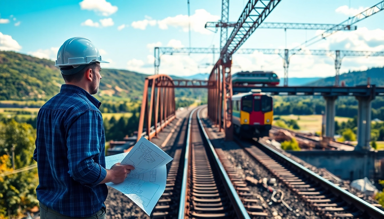 Engineers conducting a railroad engineering inspection on a bridge, showcasing professional collaboration.