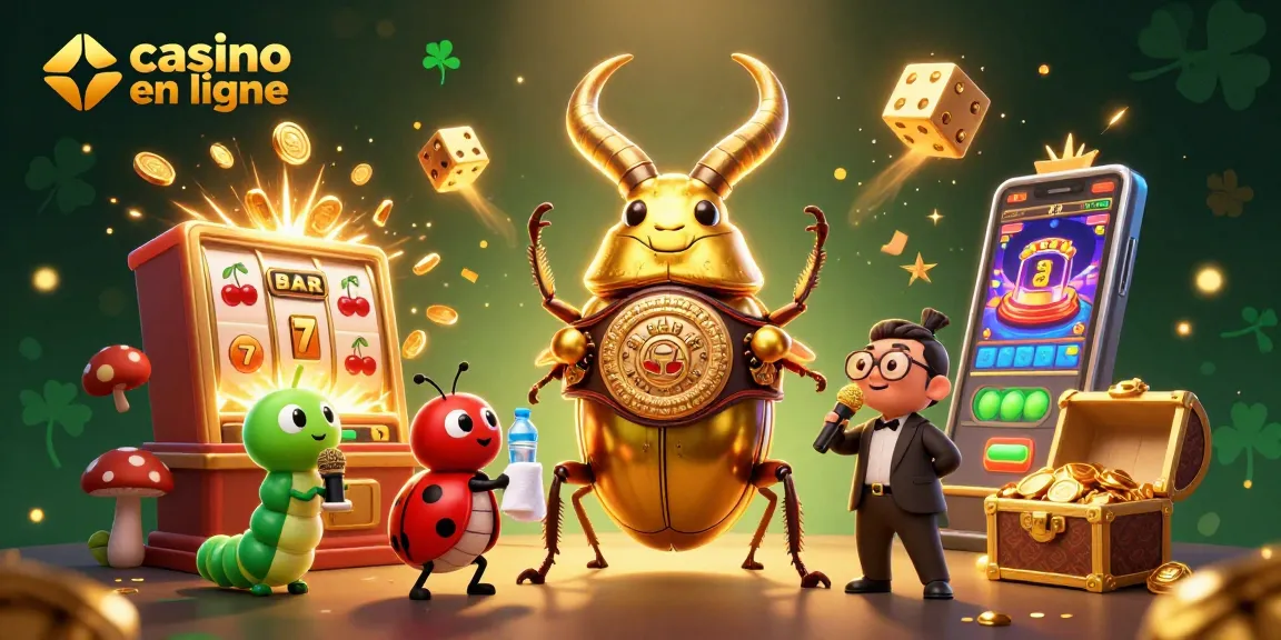 Illustration captivante de casino en ligne avec un scarabée géant et des machines à sous.