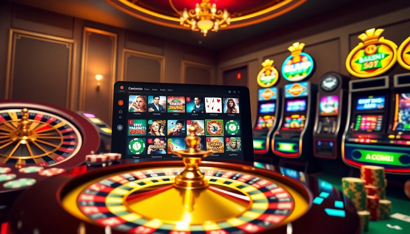 Cette image dynamique capture l'excitation du casino en ligne argent réel France avec des machines à sous vibrantes et des jetons de poker.