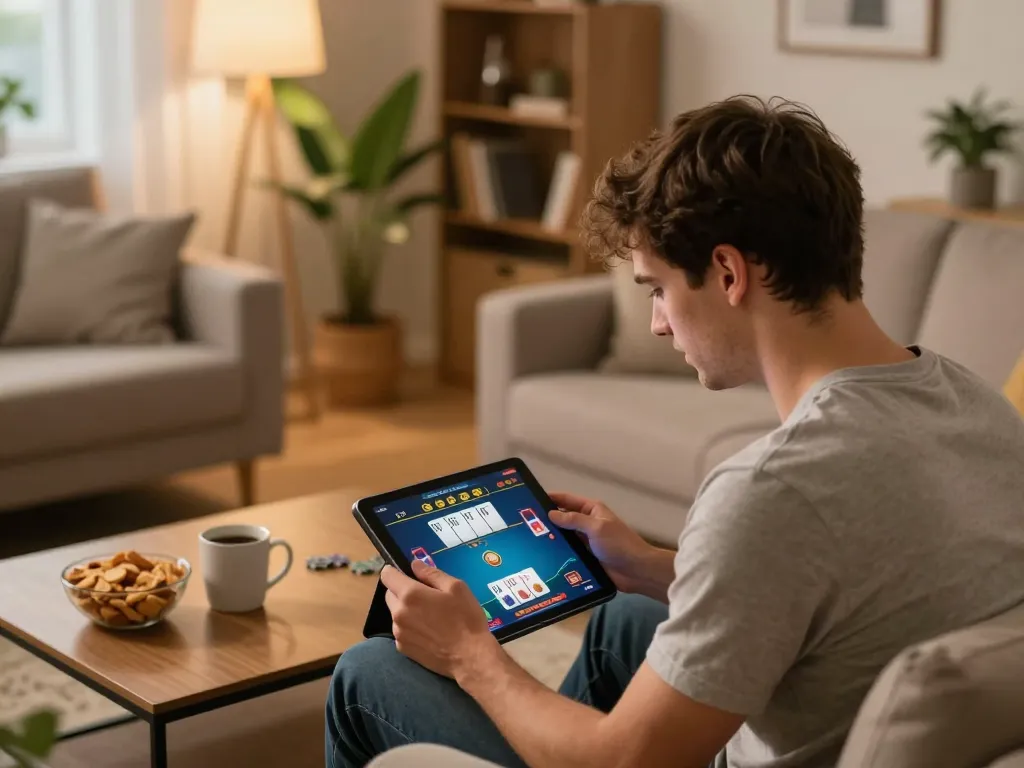 Engaging in online casinos in Canada reddit while enjoying a cozy home atmosphere with a focus on strategic play.