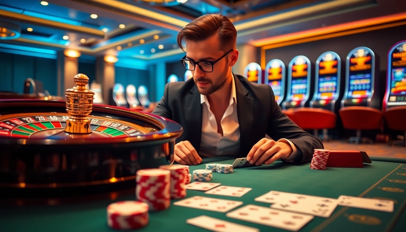 Scène engageante de joueurs au casino en ligne argent réel France avec une roulette et une table de poker.