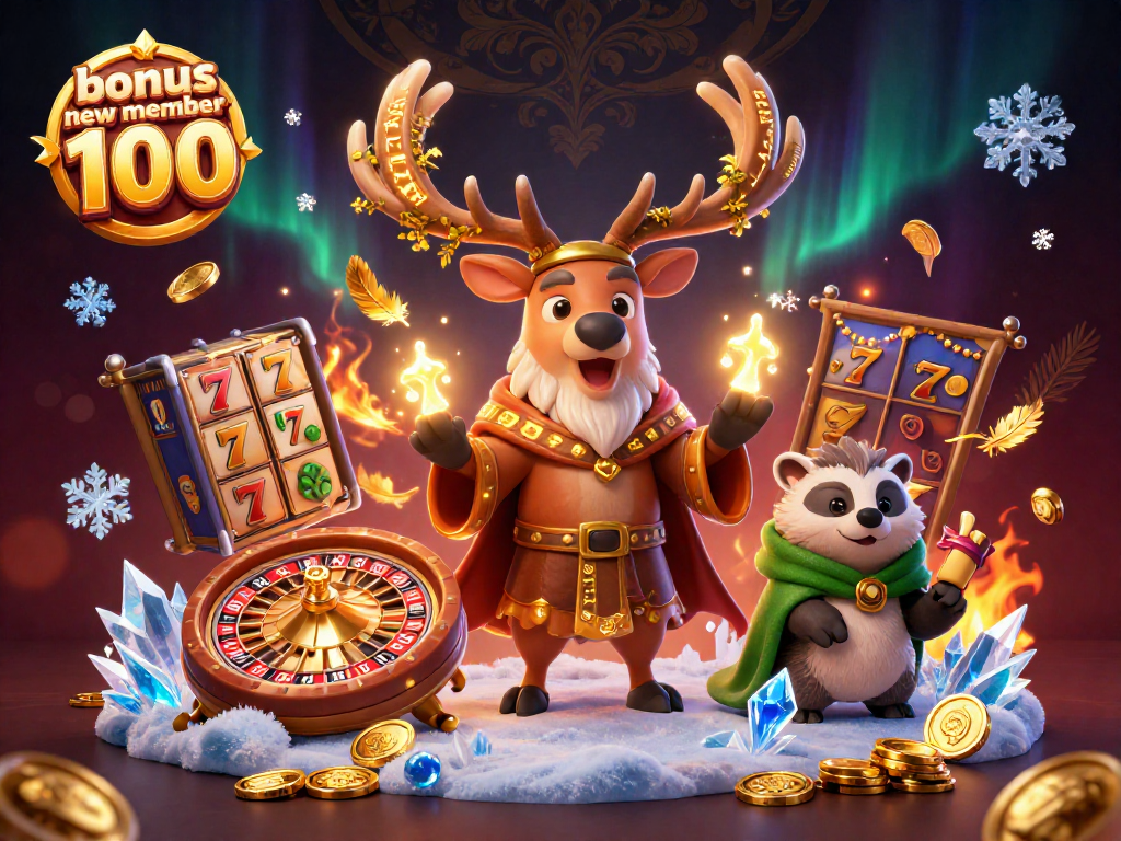 Experience exciting wins with bonus new member 100 featuring a druid stag, badger, and vibrant casino elements.