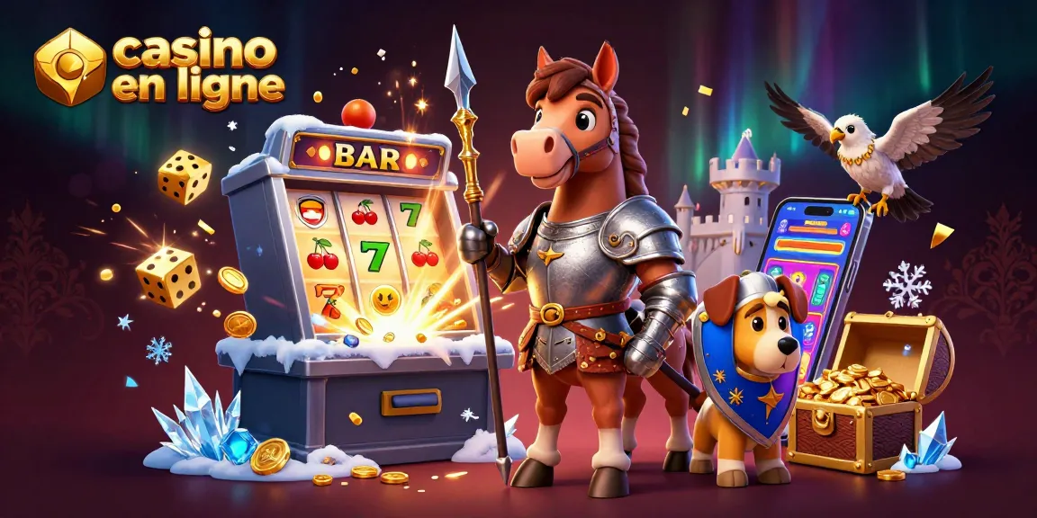 Illustration dynamique capturant l'univers des casinos en ligne avec un chevalier, un chiot et un faucon.