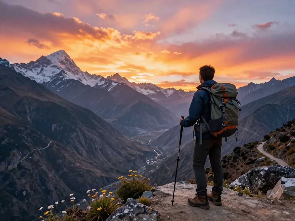 Annapurna Circuit trekker at sunset, overlooking majestic mountains, embodying adventure and exploration.