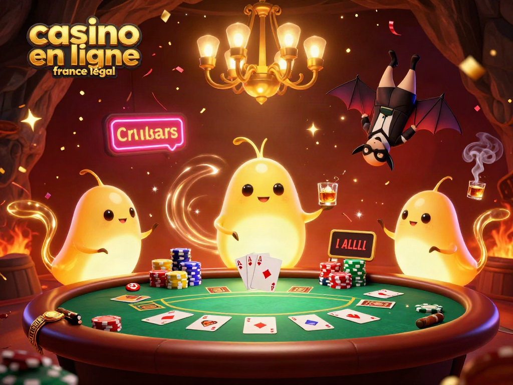 Illustration d'un casino en ligne France légal avec des vers luisants et un dealer chauve-souris.