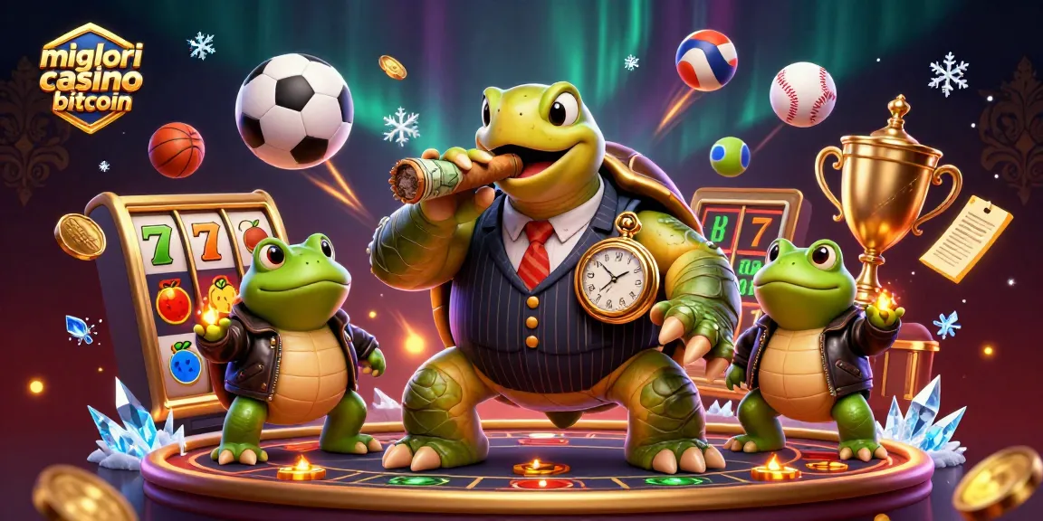 Migliori casino bitcoin: esplora slot e vincite in un'illustrazione accattivante di casino online con tartaruga e ranocchi.