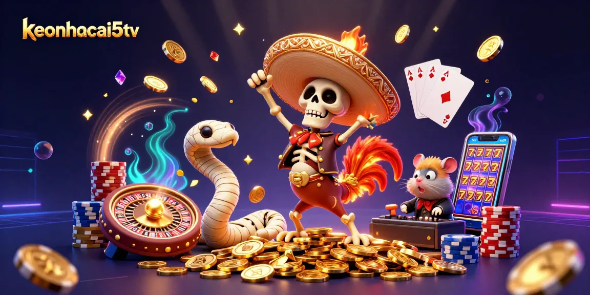 Engage with keonhacai5tv's thrilling casino scene, featuring a joyous rooster, a mummy snake, and a DJ hamster!