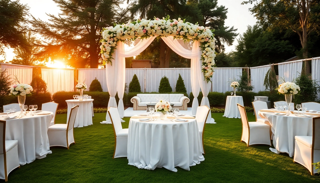 Stunning wedding & event rentals set in an enchanting garden atmosphere, showcasing detailed decor and seating.