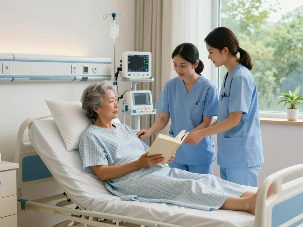 giường bệnh nhân in a hospital room with patient and nurse caring