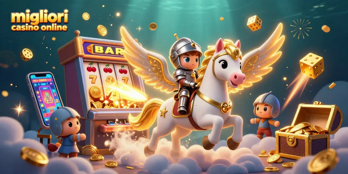 Scopri i migliori casino online attraverso un'avventura con un cavallo celestiale e simboli di gioco vibranti.