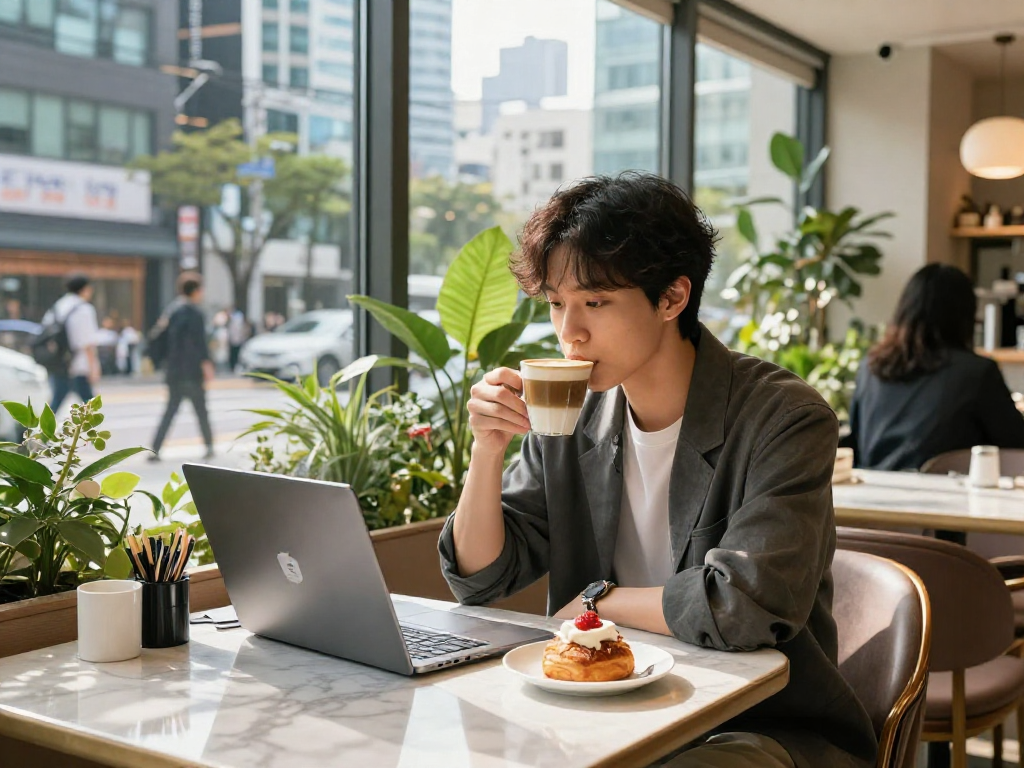 강남 달토를 주제로 한 블로그를 즐기는 현대적인 카페의 스타일리시한 개인.