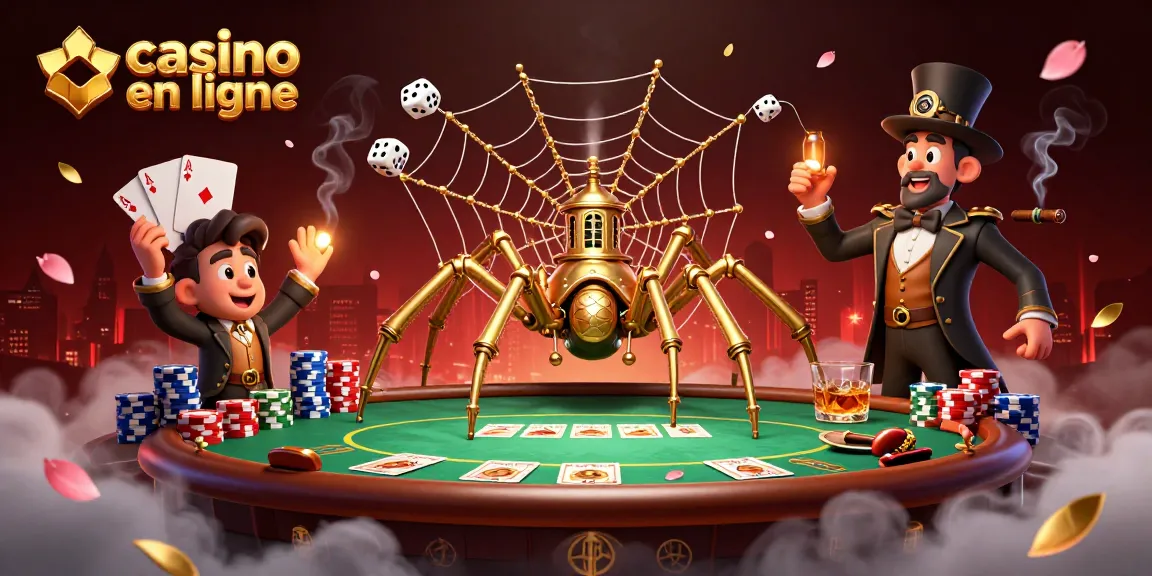 Découvrez une scène dynamique de casino en ligne avec une araignée steampunk et des éléments de poker.