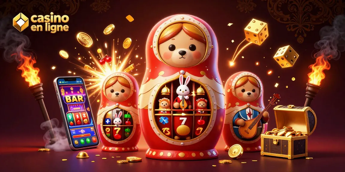 Découvrez une scène animée représentant des ours Matryoshka en costume dans un casino en ligne.