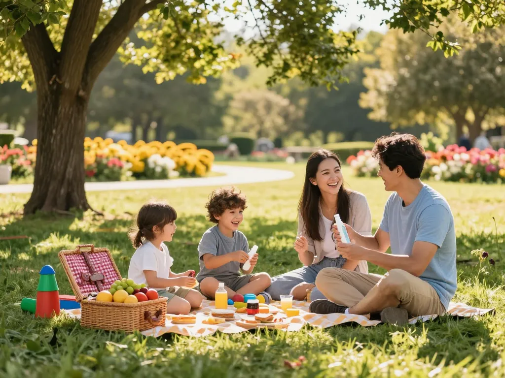 Family enjoying a picnic while applying mosquito repellent for protection.