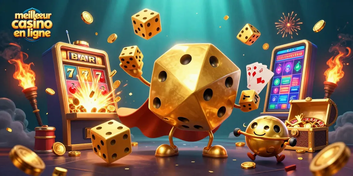 Jouez au meilleur casino en ligne avec une illustration 3D captivante de dés dorés et de machines à sous.