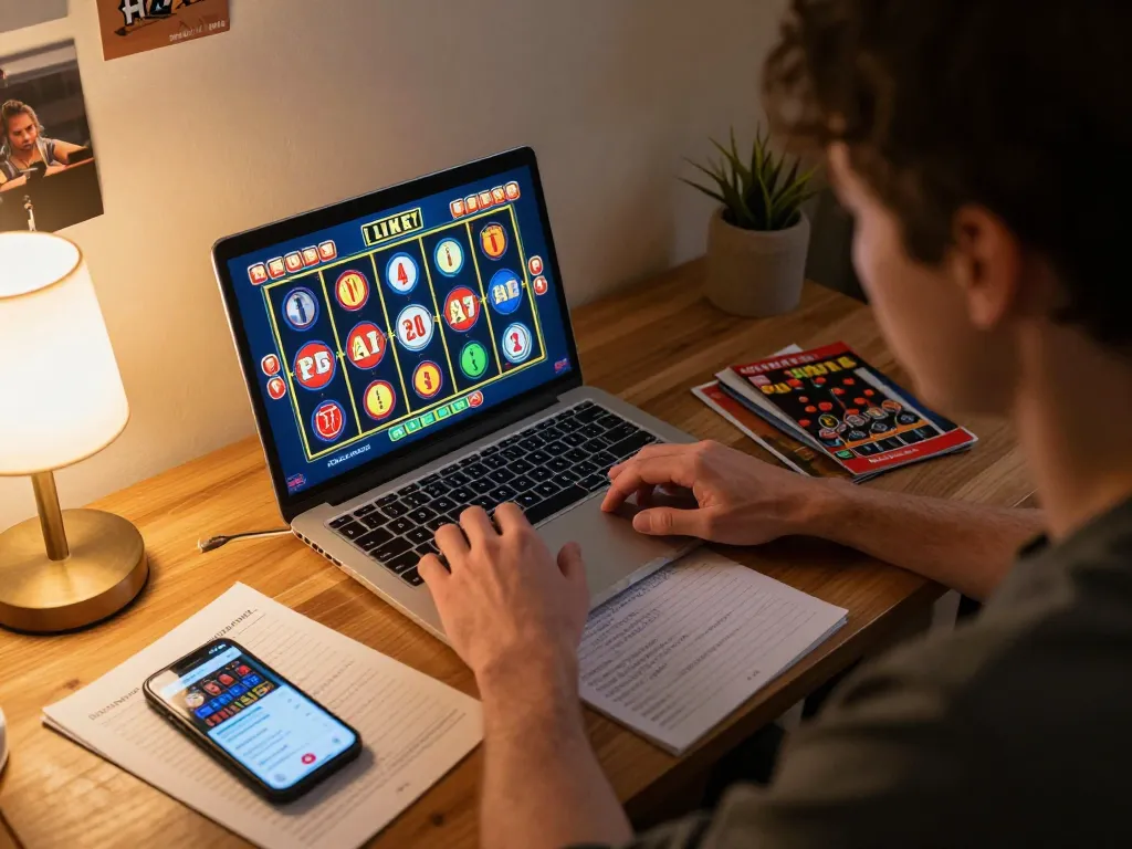 Engaging with toto slot gameplay on a laptop in a cozy home office setting, reflecting strategic gambling