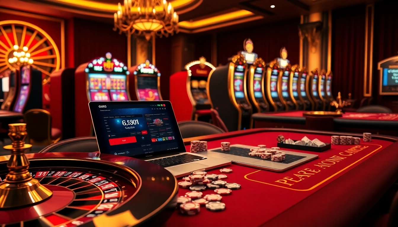 Scène captivante de jeux en ligne, mettant en avant le casino en ligne argent réel France avec des éléments de roulette et de poker.