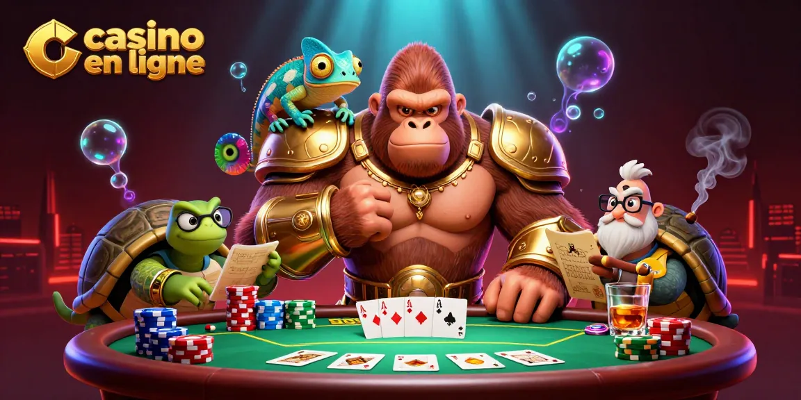 Image captivante de casino en ligne avec un gorille roi, un caméléon espion et une tortue sage.