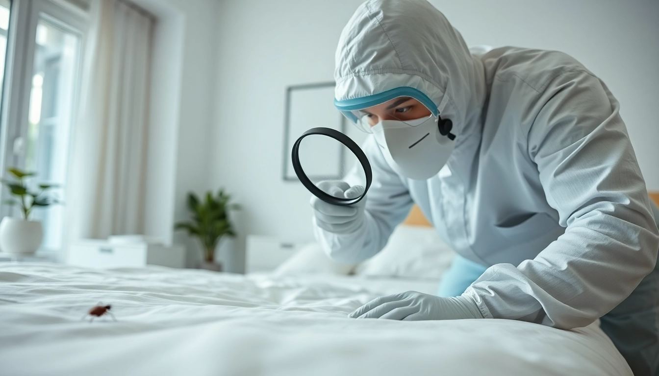 Inspecting bed for pests with a bed bug company near me, showcasing professional service and care.