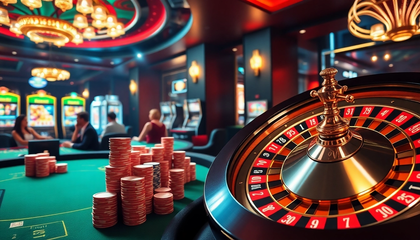 Joueurs profitant du casino en ligne argent réel France avec des tables vibrantes et des machines à sous.