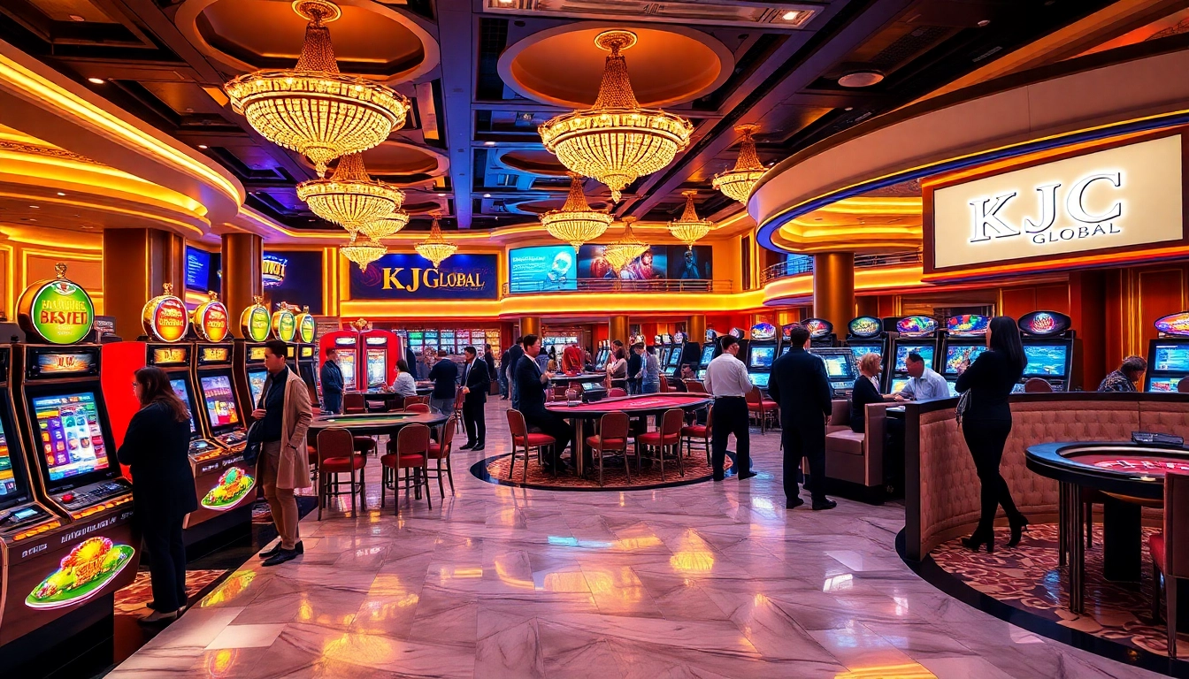 Gamblers enjoying exciting games at the KJC Global casino with vibrant slot machines.