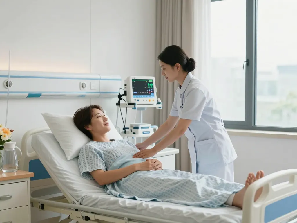 giường bệnh nhân in a serene hospital setting, nurse assisting patient with care and comfort