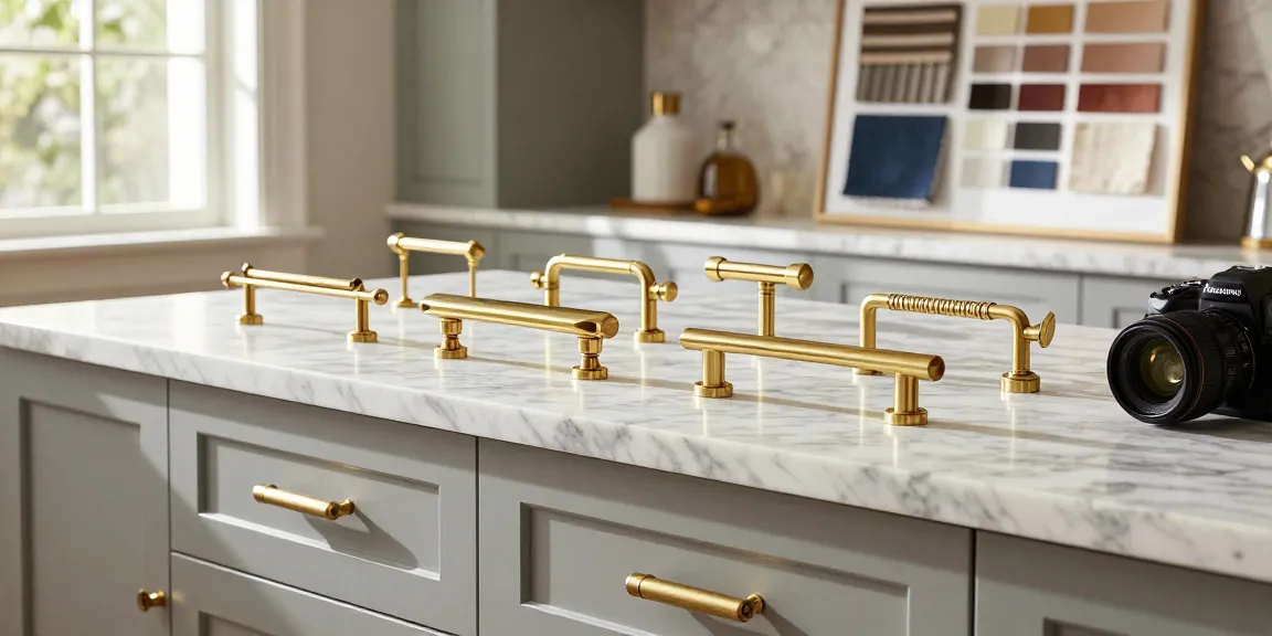 Stylish designer showcasing luxury handles in a modern kitchen setting.