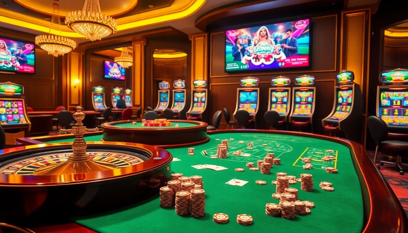 Gameplay excitant dans un luxueux casino en ligne argent réel France avec des tables vibrantes et des jetons colorés.