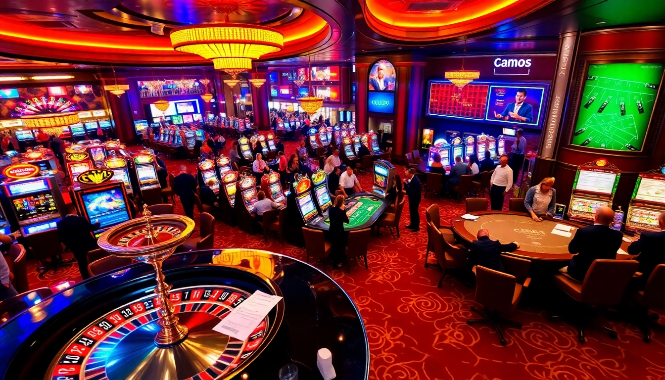 Environnement de casino captivant mettant en avant le jeu d'argent réel en France avec des tables colorées et des joueurs.