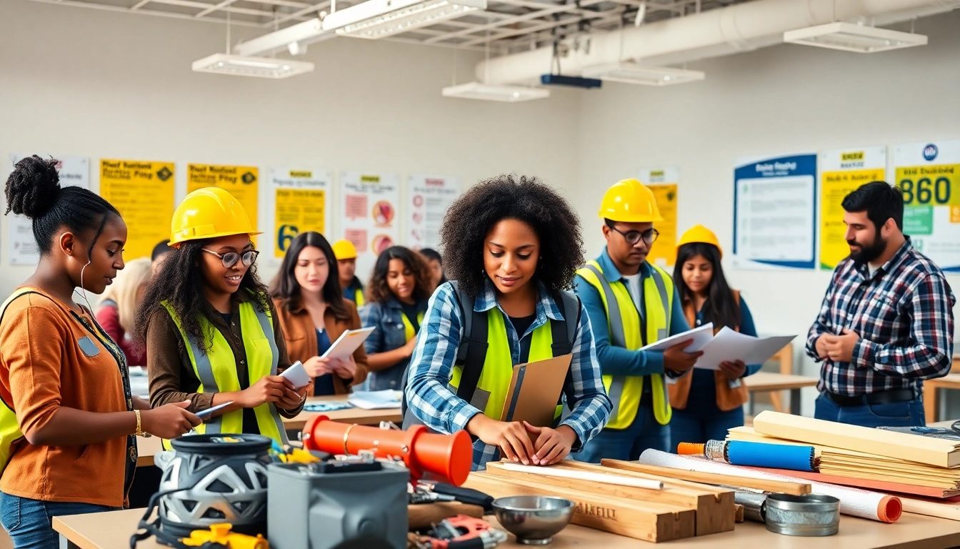 Engaged students learning construction training programs with tools and safety materials.