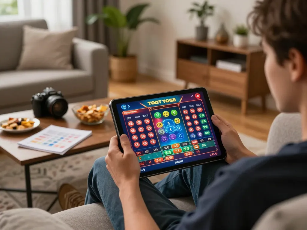 Permainan toto togel di tablet di rumah, menampilkan pengalaman perjudian digital yang menarik dengan catatan strategi.