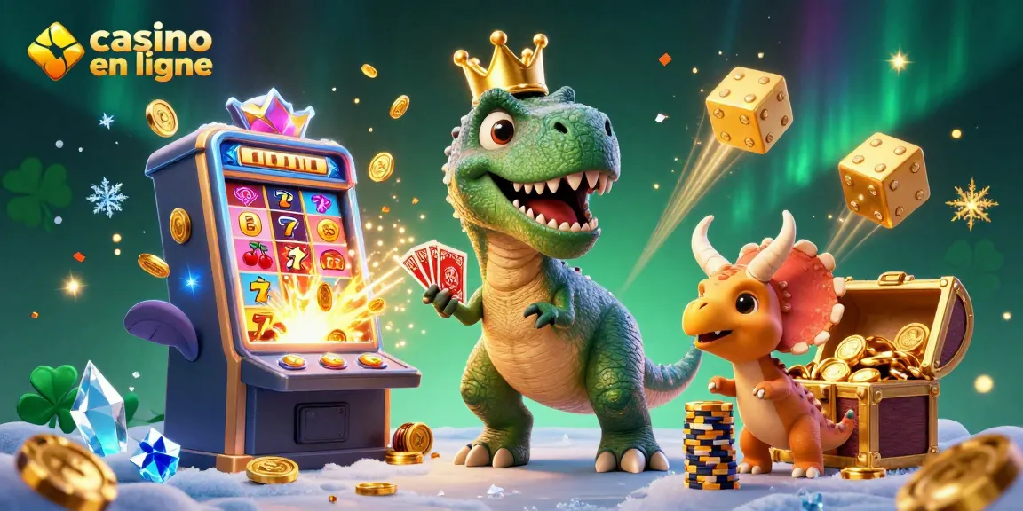 Une illustration 3D représentant un T-Rex jouant aux cartes dans un casino en ligne, entouré de machines à sous et de jetons.