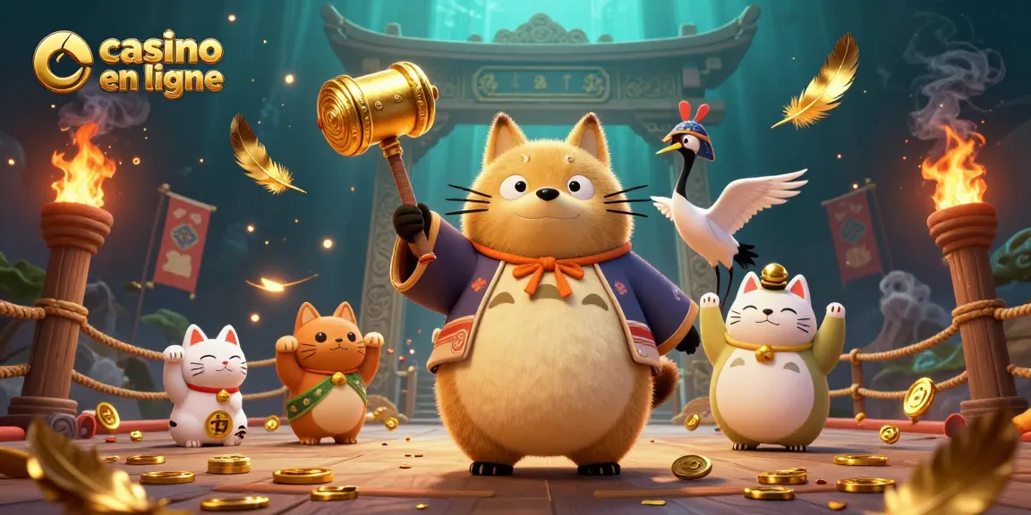 Jouez au casino en ligne avec un tanuki chanceux et des maneki-neko dans une scène festive