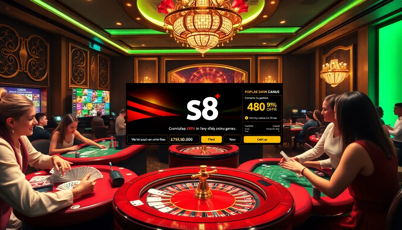 S8 offers exciting casino games with vibrant chips and cards in a luxurious gambling scene.