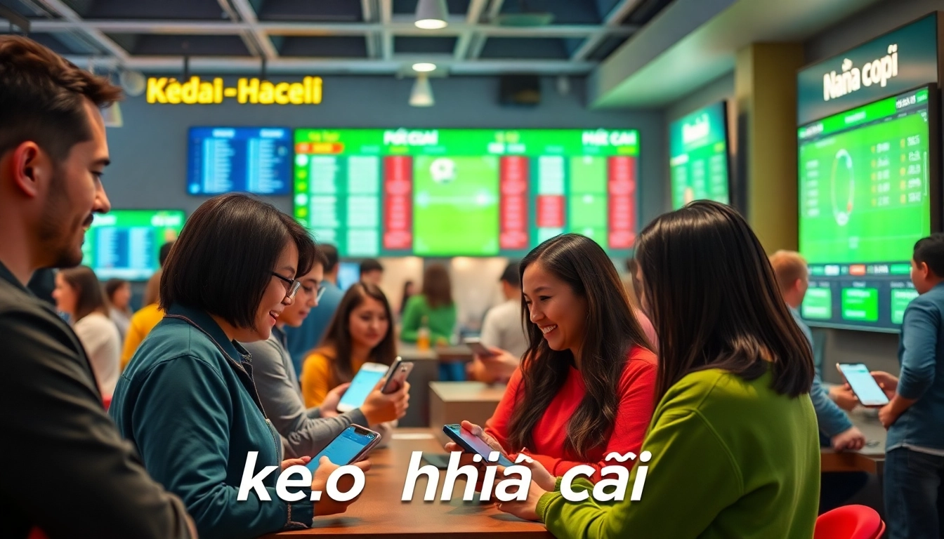 Kèo nhà cái: Engaged sports enthusiasts analyzing betting odds in a vibrant online platform setting.