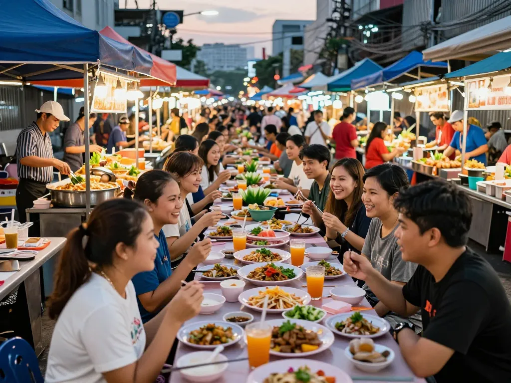Enjoying authentic street food experiences at server thailand market with vibrant stalls and local delicacies.