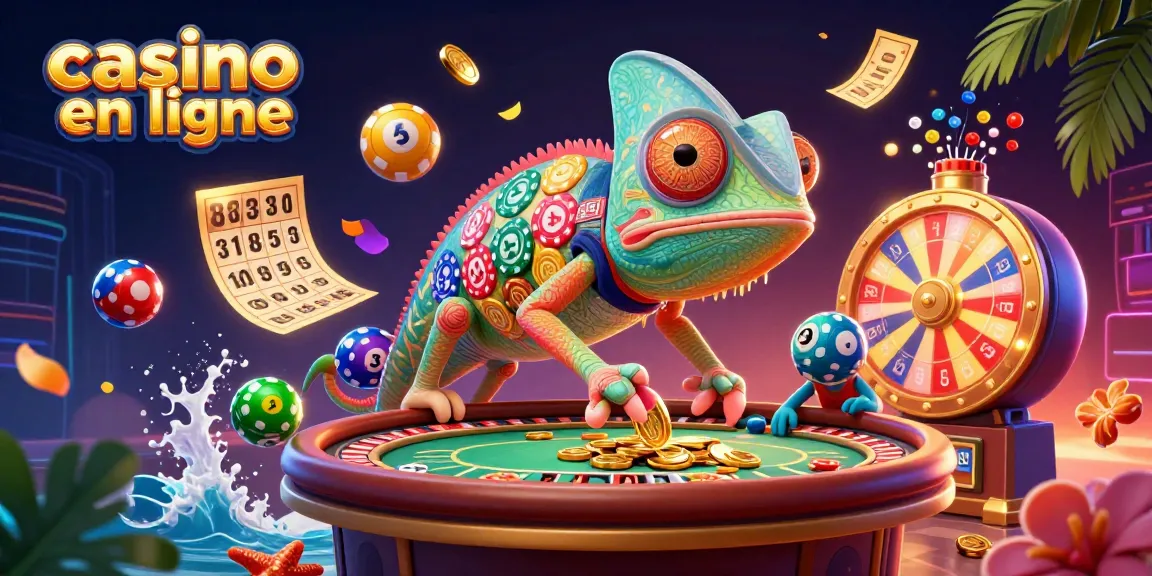 Découvrez le monde vibrant de casino en ligne avec un caméléon cartoon au centre d'une scène animée.