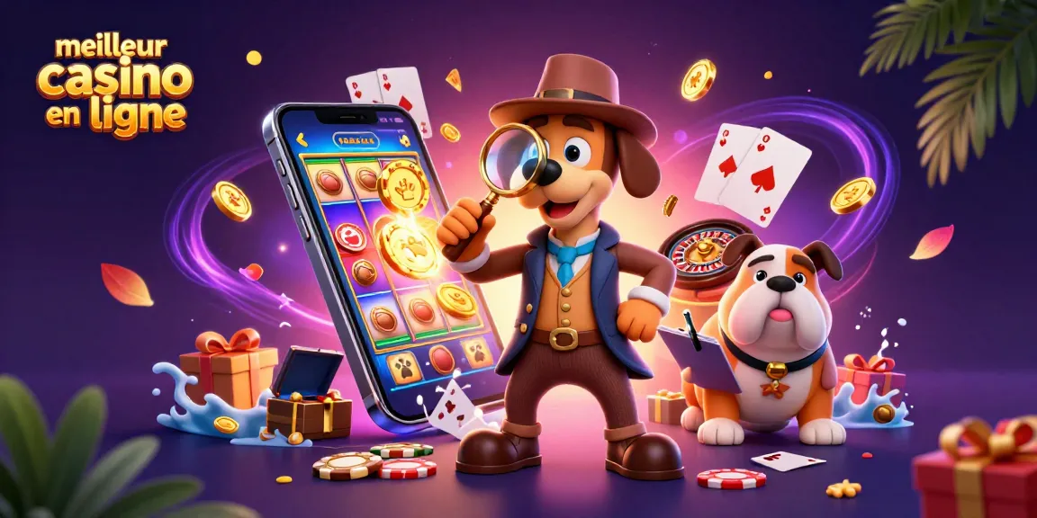 Jouez au meilleur casino en ligne avec un détective cartoon et des éléments de jeu colorés.