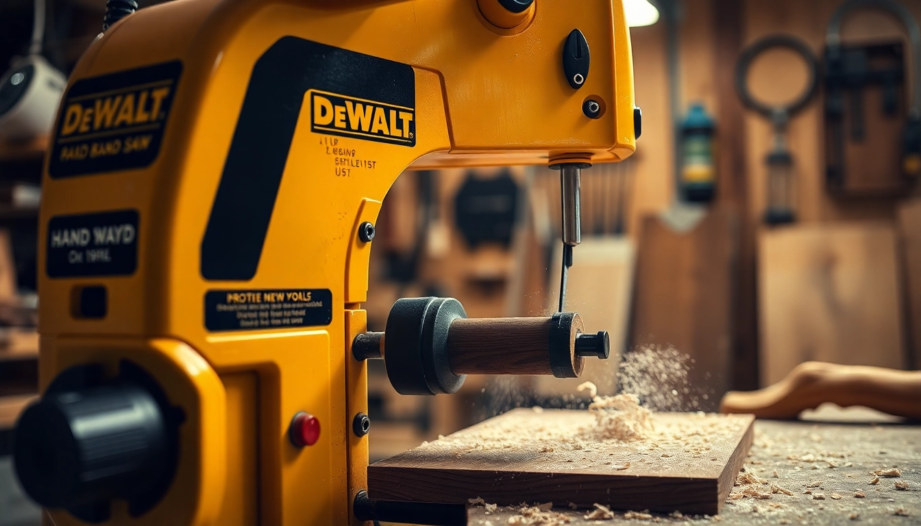 The DeWalt band saw adeptly cuts hardwood, showcasing precision in craftsmanship.