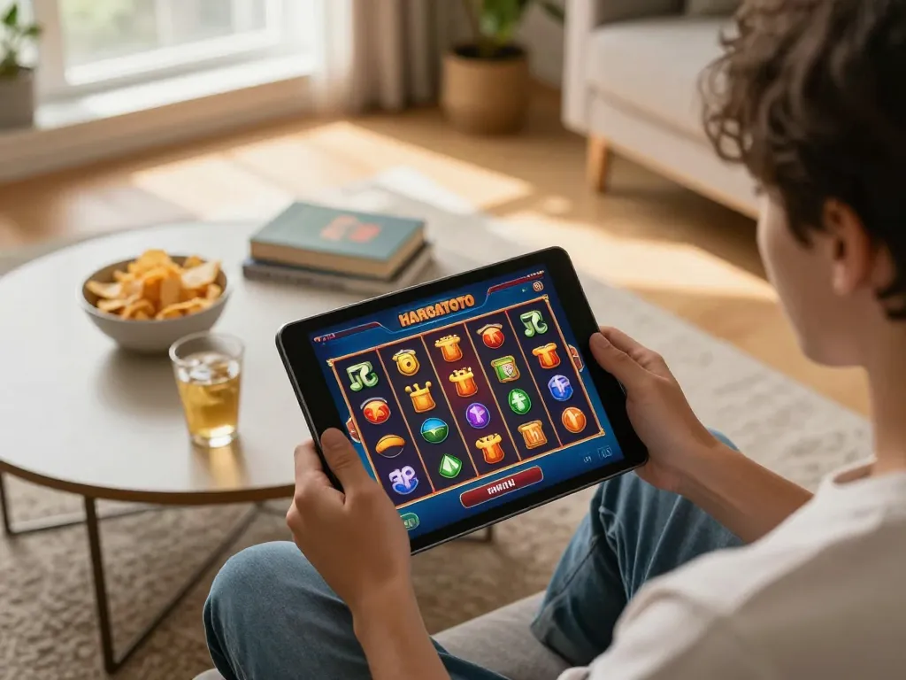 Play engaging slot games on HARGATOTO platform in a cozy home setting.