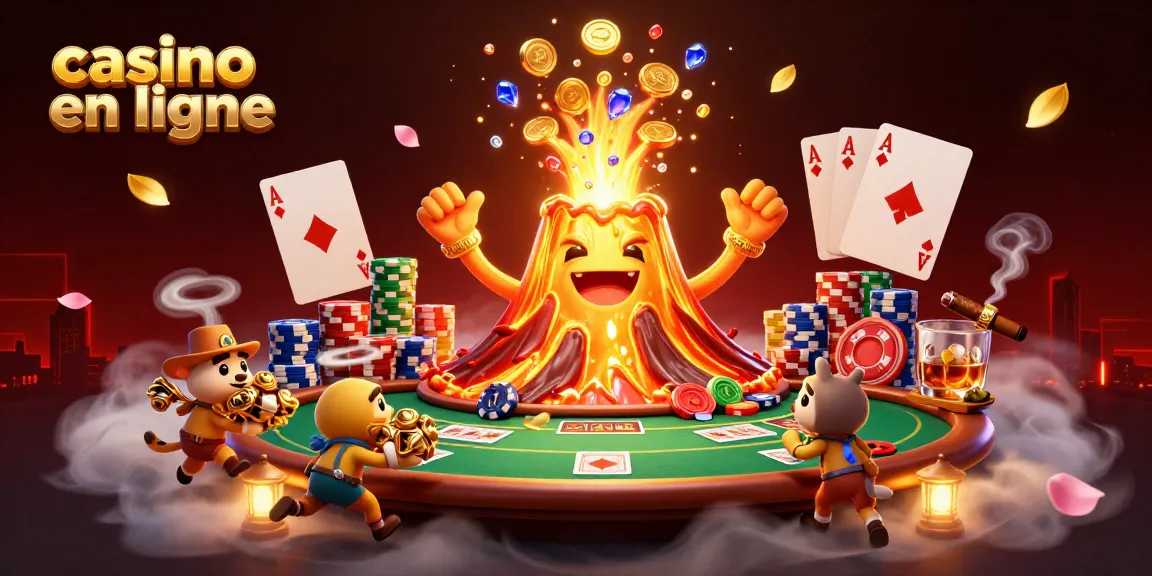 Jouer au casino en ligne avec un volcan doré éruptant, des trésors, et des éléments de poker.