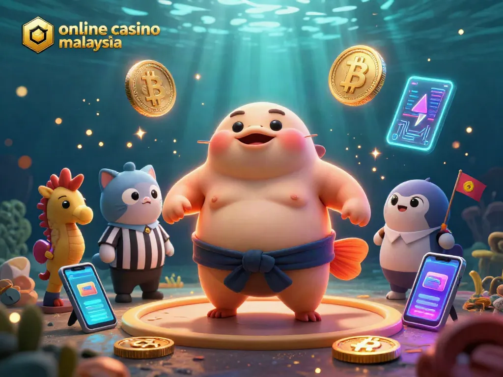Engage with the vibrant online casino Malaysia world in a colorful underwater scene filled with blockchain elements.