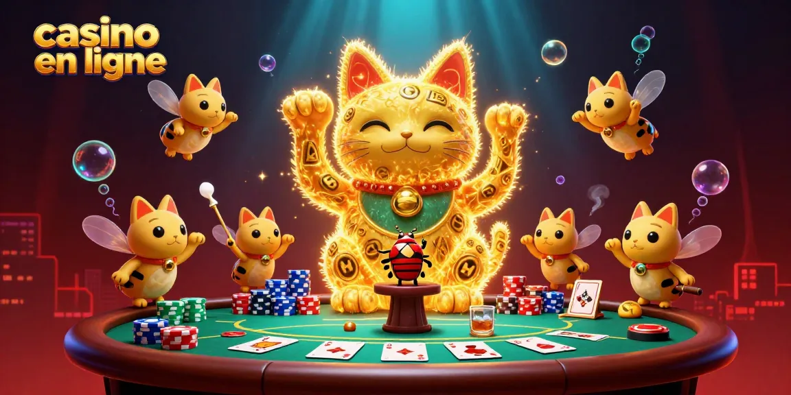 Visitez notre casino en ligne avec un chat porte-bonheur géant fait de lucioles dorées.