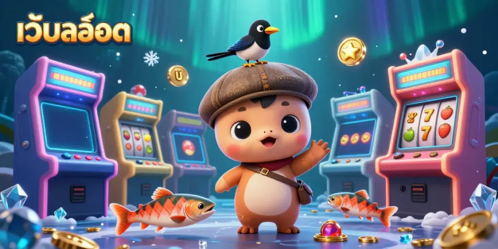 ภาพวาด 3D เว็ปสล็อต น่ารักพร้อมมอนสเตอร์เล็กและเครื่องสล็อต