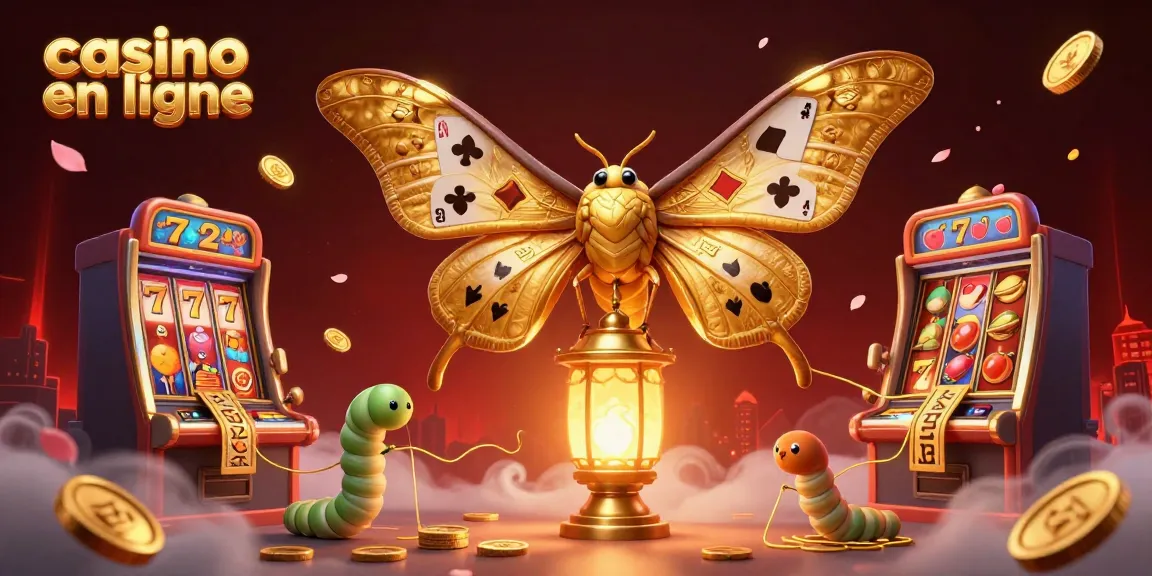 Célébrez le casino en ligne avec un papillon géant et des machines à sous animées.