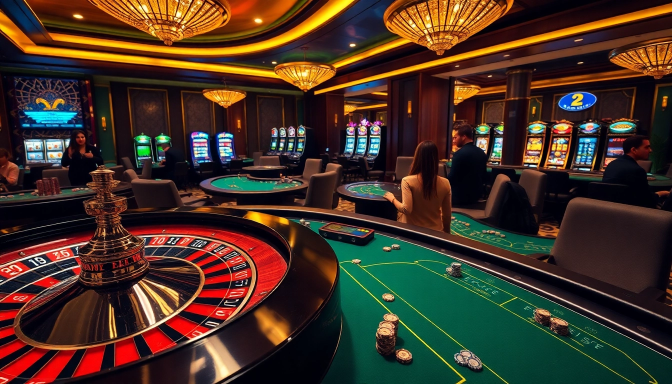 Casino en ligne argent réel France avec des tables de roulette et de blackjack glamour illustrant l'excitation vibrante du jeu.