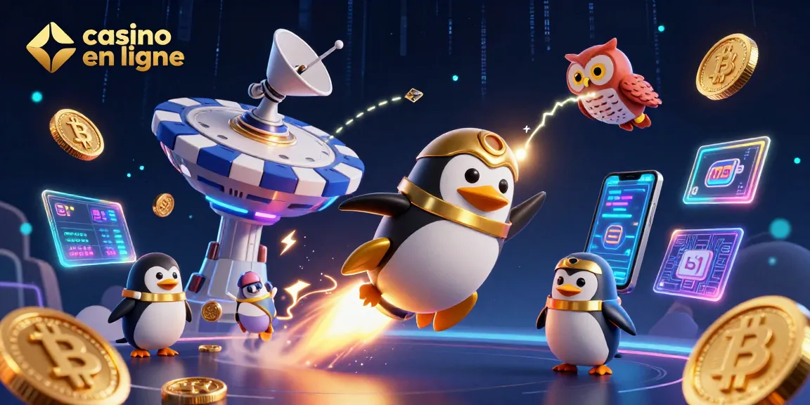 Visualisez un casino en ligne dynamique avec un pingouin doré propulsé par une fusée, des pièces flottantes et un fond numérique.
