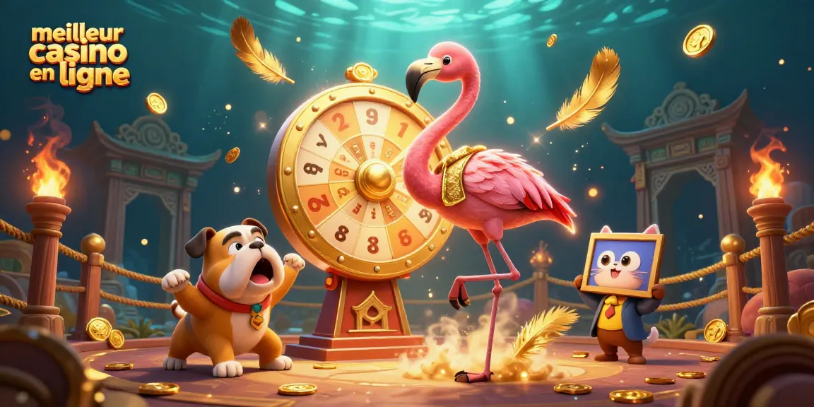 Illustration animée représentant le meilleur casino en ligne avec un animateur, un bulldog et un chat assistant.